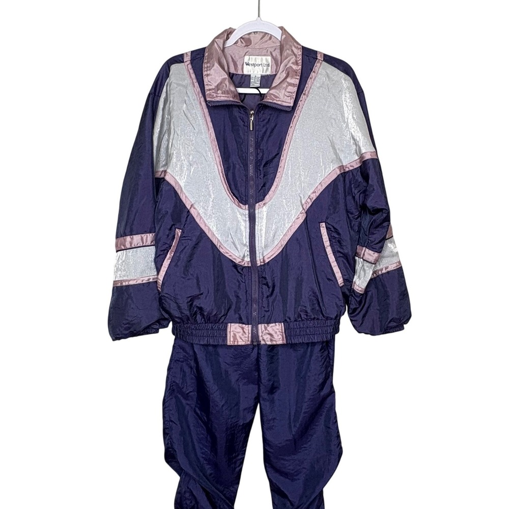 Vtg 90s Westport Ltd Tracksuit Small Purple Silver Metallic Windbreaker Suit